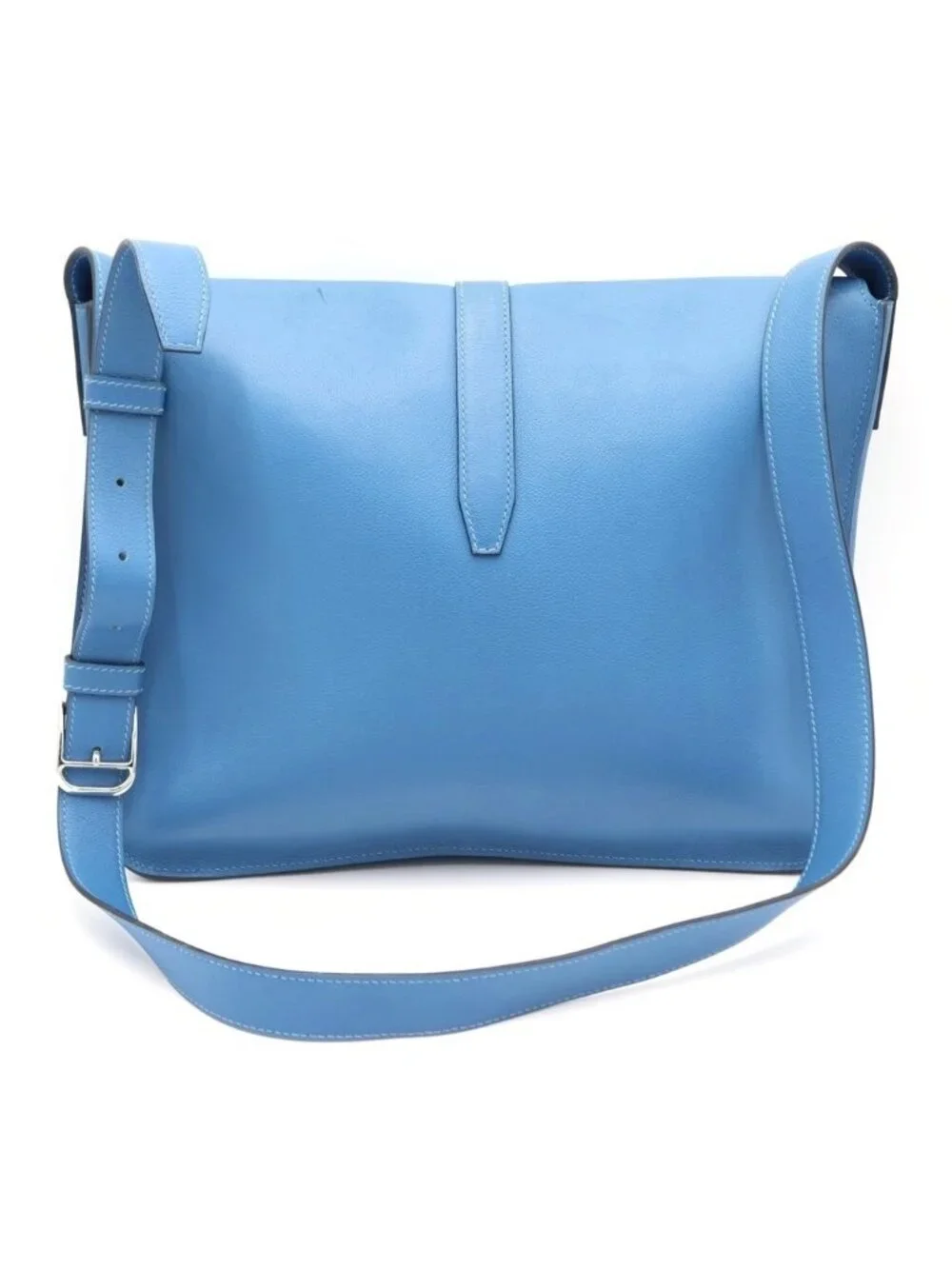 Hermes Steve Bright Blue Jean Shoulder Bag Leather Chevre Silver